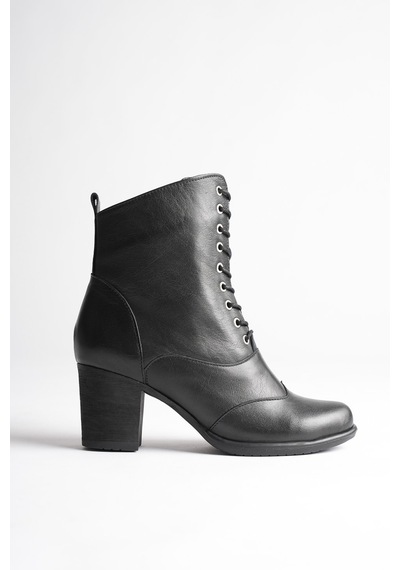 Analin Shoes Kadın Hakiki Deri Bağcıklı Kalın Topuklu Şık Bot Siyah