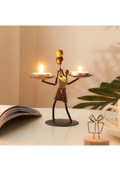 Metal Ferforje Figürlü Tealight Mumluk Ev Dekoru Açık Bej