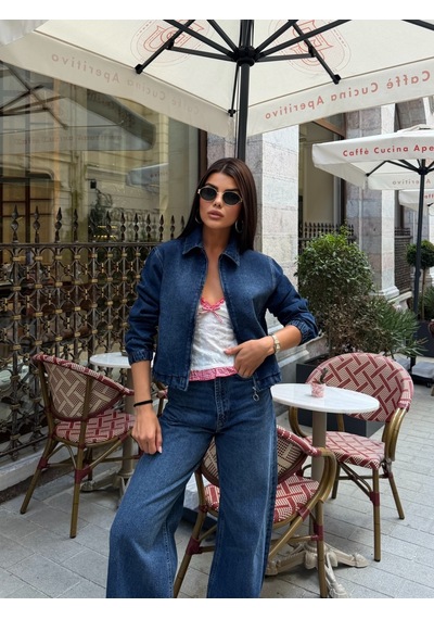 Out Of Standart Kadın Cropped Fermuar Detaylı Denim Ceket Blue