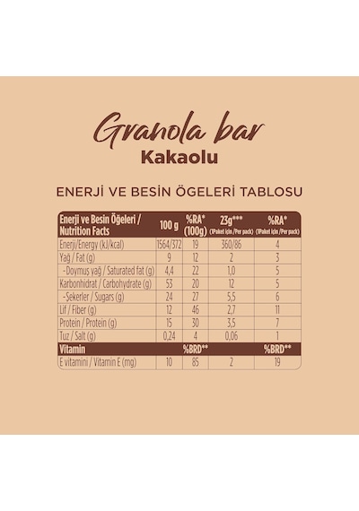 Granola Bar Kakaolu, 23 Gram, 12 Adet 3 Paketi