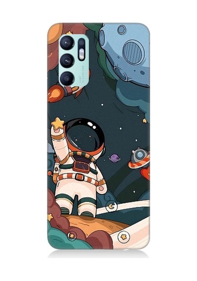 Oppo Reno 6 Uyumlu Sevimli Astronot Uzay Macerası Desenli Silikon Kılıf