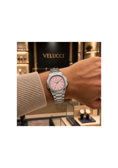 Velucci Penta Çelik Kordon Erkek Kol Saati Pembe Kadran Takvimli Sport Analog Gümüş