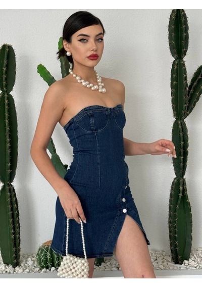 Defymoda Nerg Düğme Detaylı Elbise Koyu Mavi