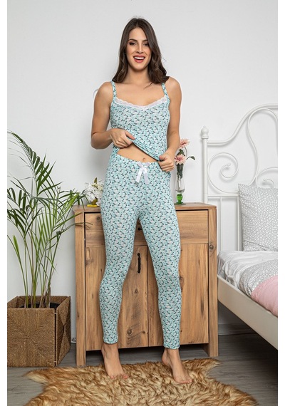 Myben Kadın Çiçek Desenli Dantel Detaylı Şortlu Ve Taytlı Pijama Takımı 3'lü Set 75013 Mint