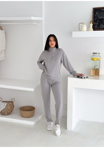 Gugus Kadın Yarım Fermuarlı Model Beli Lastikli Dar Paça Eşofman Takımı Gri