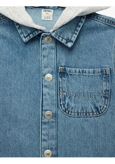 Koton Uzun Kollu Pamuklu Cepli Düğmeli Çıkarılabilir Kapşonlu Denim Ceket Orta İndigo 6smb60003td