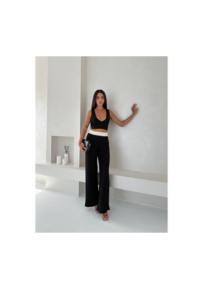 Gugus Kadın Gofre Beli Güpür Lastikli Wide Lege Yazlık Pantolon Siyah