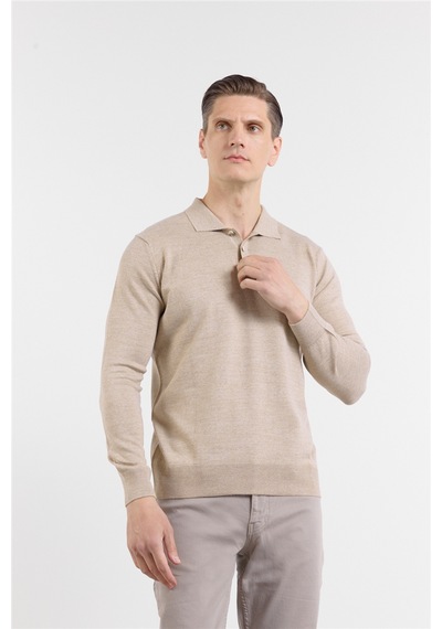 İmza Bej Polo Yaka Cepsiz Comfort Fit Classic Pamuklu Triko Kazak 1012255155