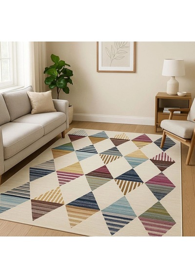 Renkli Geometrik Desenler Tasarım Modern Halı Dekoratif Kilim Bej