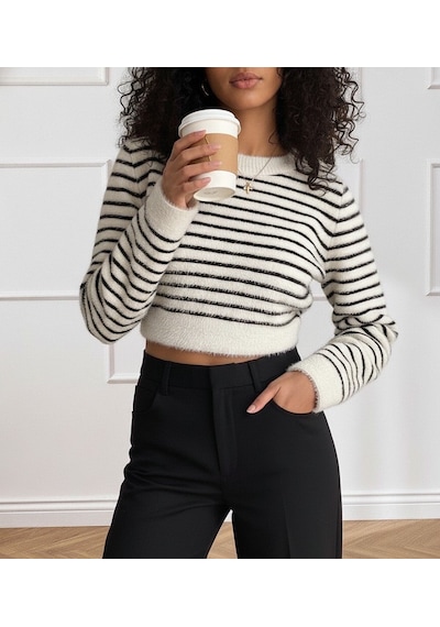 Ahes Shopping Kadın Uzun Kollu Balıkçı Yaka Crop Triko Bluz Beyaz
