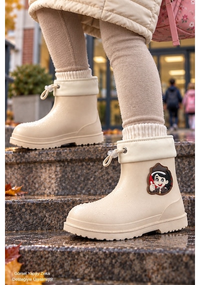 Muggo Kitty İçi Kürklü Lastikli Unisex Çocuk Günlük Yağmur Ve Kar Çizmesi Bej