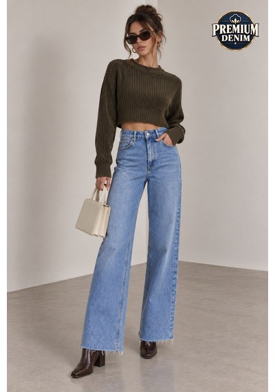Vadon 1056 Kadın Yüksek Bel Pis Paça Wide Leg Jean Pantolon Mavi