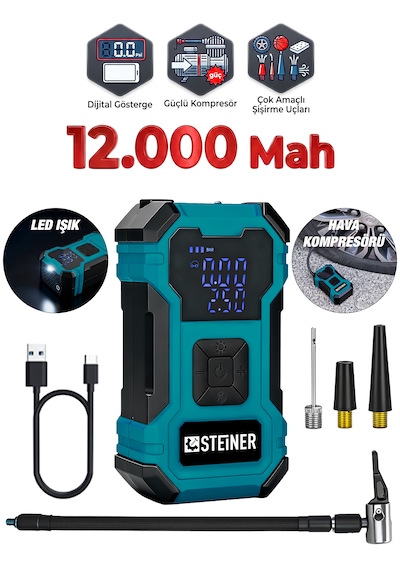 Steiner 12.000 Mah Dijital Ekranlı Kablosuz Lastik Hava Pompası Şarjlı Hava Kompresörü Powerbank Led Işık Mavi 1200mah - 25x5.6x4.7cm