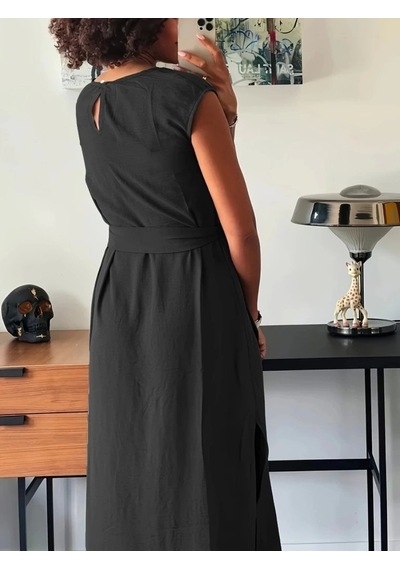 Defymoda Kadın Kısa Kollu Yuvarlak Yaka Belden Bağcıklı Önden Yırtmaçlı Aerobin Elbise Siyah Defymoda Kadın Kısa Kollu Yuvarlak Yaka Belden Bağcıklı Önden Yırtmaçlı Aerobin Elbise Siyah