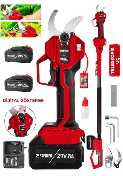 Steiner 30 Mm Dijital Kömürsüz Akülü Bağ Dal Ağaç Kesme Biçme Budama Şarjlı Makası Makinesi + Teleskop K4448