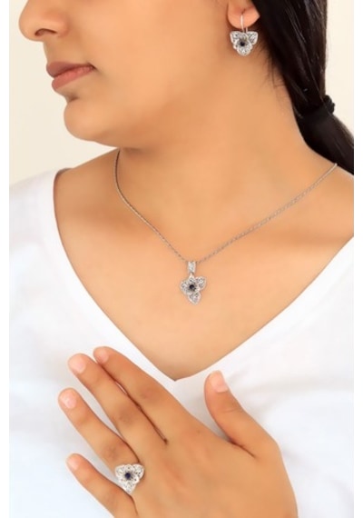 Zambak Model Safir Taşlı Telkari Gümüş Üçlü Set