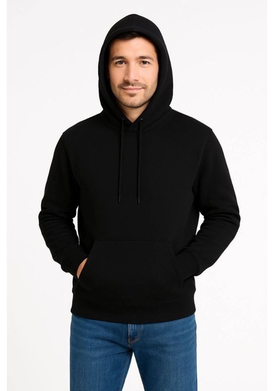 Mbb E-ticaret Erkek 3 İplik Pamuklu Kapüşonlu Kanguru Cepli Sweatshirt Hoodie - Siyah