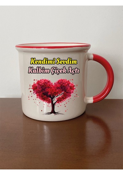 Kendimi Sevdim Kalbim Çiçek Açtı Kırmızı Ağızlı Kupa Bardak - Seramik Çay, Kahve Hediyelik Bardağı Beyaz