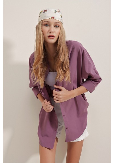 Bigdart 3900 Oversize Uzun Basic Gömlek - Koyu Lila 001