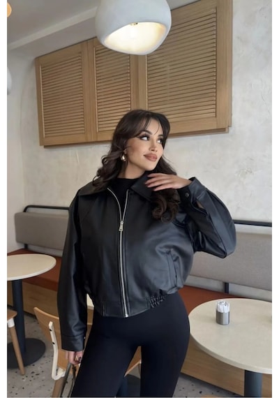 Meecy Kadın Deri Ceket Siyah Siyah