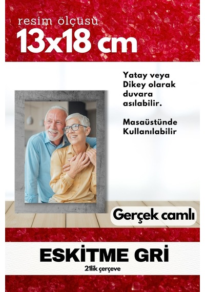 Gerçek Camlı 21lik Düz 13 X 18 Gri Fotoğraf Resim Çerçevesi Ayaklı Arkalık Veya Duvara Asma