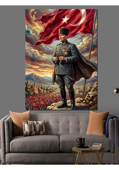 Cephede Türk Bayraklı Atatürk Portresi Dekoratif Kanvas - Mdf Ahşap Tablo