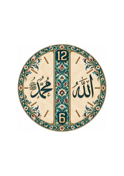 Allah Muhammed Yazılı İslami Motifli Ahşap 45 Cm Sessiz Akar Mekanizmalı Uv Baskılı Dekoratif Duvar Saati Hediyelik 1059 Çok Renkli
