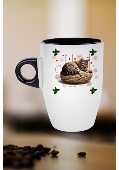 Yeni Yıl Uykucu Kedi Baskılı Kupa Bardak Porselen Latte Filtre Kahve Fincanı Siyah