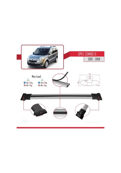 Opel Combo D 2012-2018 Arası İle Uyumlu Fly Model Ara Atkı Tavan Barı Gri 3 Adet Bar