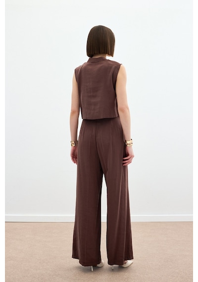 Sateen Yüksek Bel Keten Pantolon - Kahve-136164 Kahve