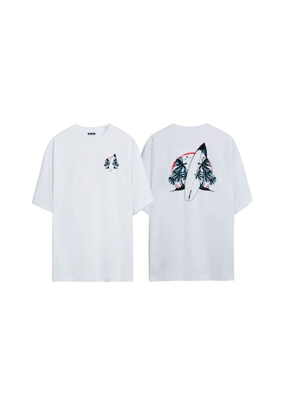 Thewert Unisex Sörf Tahtası Ve Ağaçlar Ön Arka Baskılı Beyaz Oversize T-shirt
