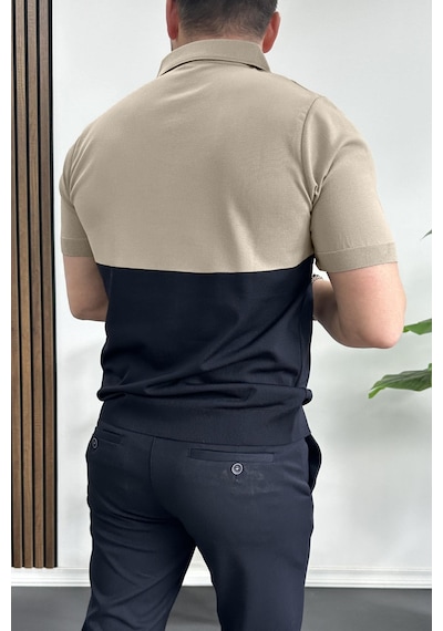 Erkek Renk Bloklu Polo Yaka Yarım Fermuarlı Tişört Vizon Edw234 Vizon