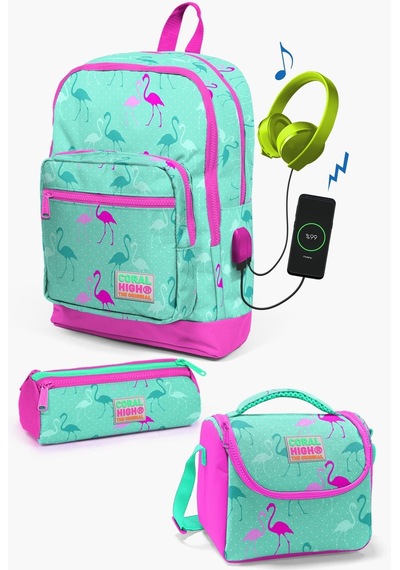 Coral High Kids Su Yeşili Neon Pembe Flamingo Desenli Usb'li 3 Lü Okul Çanta Seti Set0123275