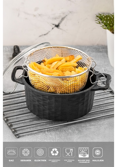 Polochef Döküm Granit Kızartma Tenceresi Fritöz 24cm Siyah