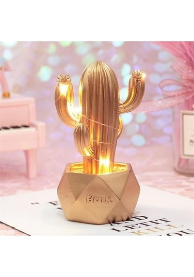 M M Led Işıklı Sevimli Kaktüs Dekoratif Masa Lambası Mini Biblo Gece Lambası-gold Renkli