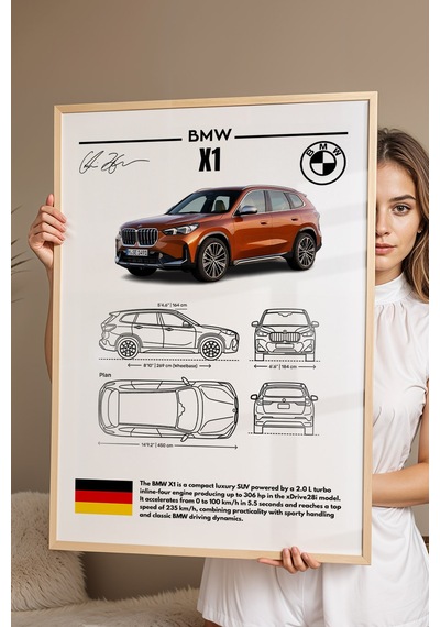 Bmw X1 Tablo - Teknik Özellikli Alman Lüks Suv Poster - Çerçeveli Duvar Dekoru - Araba Blueprint Kayın