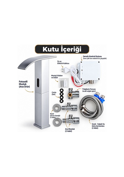 Rena Design Fotoselli Sensörlü Krom Kare Çanak Lavabo Bataryasi Temassiz Otomatik Tasarruflu Modern Musluk