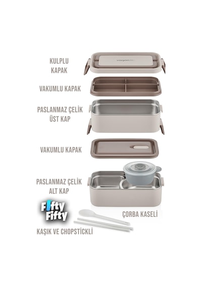 2000 Ml 2 Kat Paslanmaz Çelik Çorba Kaseli Bento Lunch Box Yeni Nesil Sefer Tası -fflbox01 Bej