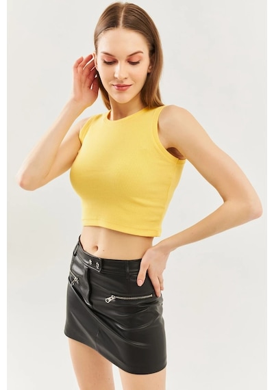 Butikgiz Kadın Sıfır Kol Bisiklet Yaka Vücuda Oturan %100 Pamuklu Kaşkorse Esnek Crop Bluz Sari