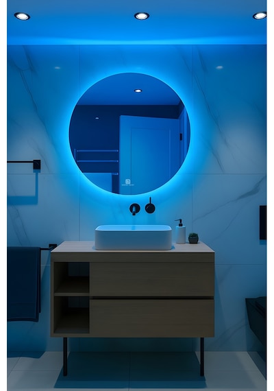 Digital Hayat Dokunmatik Dimlenebilir Mavi Led Işıklı Yuvarlak Ayna Dekoratif Banyo Makyaj Aynası Mavi