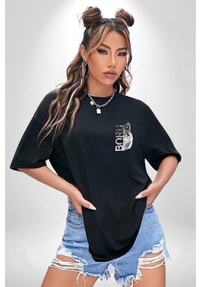 Uluyan Beyaz Kurt Siyah Oversize Unisex Ön Ve Sırt Baskılı Tişört Siyah
