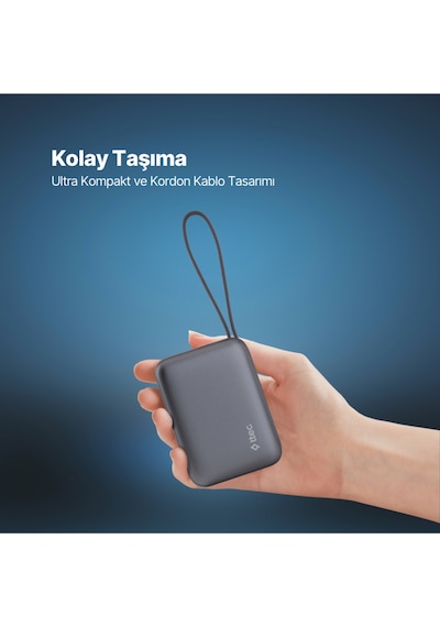 Ttec Recharger Mini LCD 10.000 mAh PD 20W USB-C Ve Lightning Dahili Kablolu Taşınabilir Hızlı Şarj