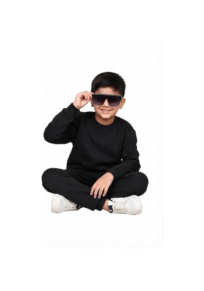 Erdem Kıds Kız-erkek Çocuk Paçası Lastikli3 İplik Şardonlu İçi Pamuklu Basic Bisiklet Yaka Okul Eşofman Takımı Siyah Siyah