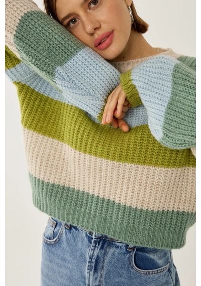 Hiccup Relaxed Fit Çizgili Triko Kazak Yeşil