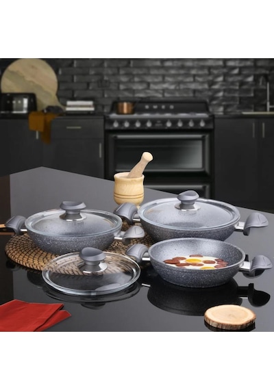 Oms Bio Granit 6 Parça Kapaklı Sahan Seti Gri Yapışmaz Biogranit 18-20-22 Cm Gri