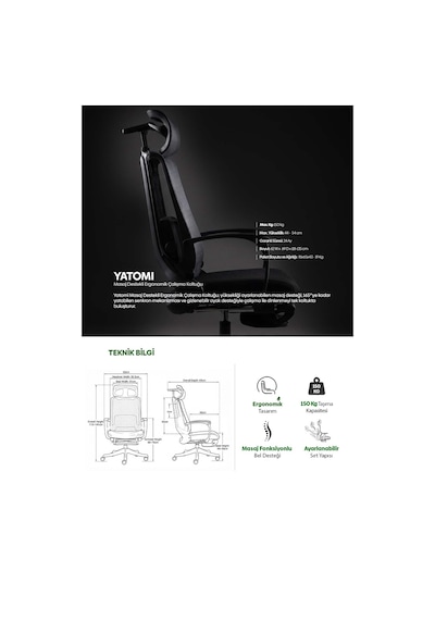 Yatomi Masajlı Ergonomik Çalışma Sandalyesi - Siyah