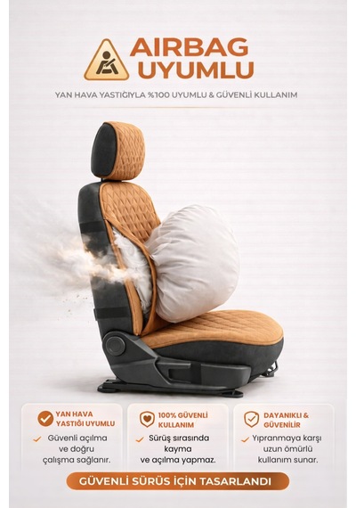 Oto Koltuk Kılıfı Tay Tüyü Tekli Ön Minder 4 Katmanlı Terletmez Airbag Uyumlu - Taba