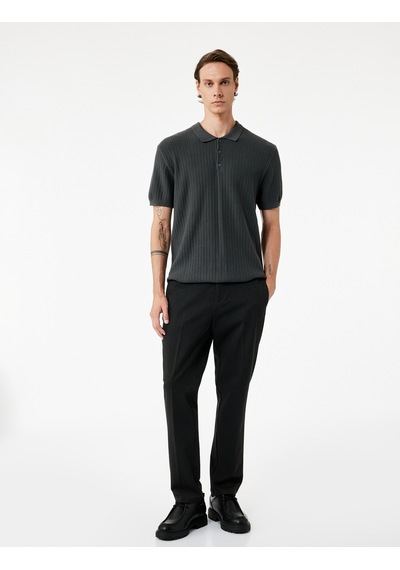 Koton Regular Fit Kısa Kollu Pamuklu Dokulu Düğmeli Polo Yaka Triko Tişört Gri 7wam70044ht