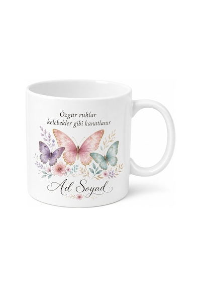 İsimli Kelebek Desenli Baskılı Kupa Bardak Kişiye Özel Hediye Beyaz / Çok Renkli