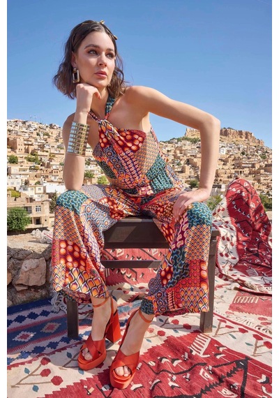 L'ombre Etnik Desenli Saten Tulum Renkli Geometrik
